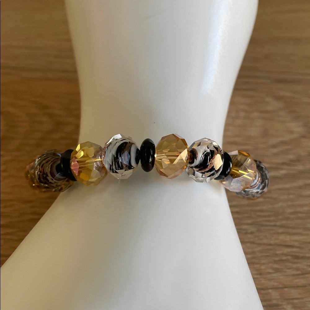HAND CRAFTED BEADED BRACELET Elegant Black & Gold Faceted Crystal Beaded Glam - Picture 7 of 15